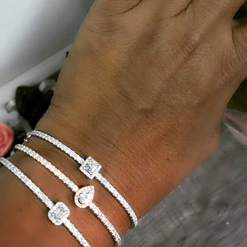 

Iced Out Sparking Bling 5a Cubic Zirconia Cz Fashion Jewelry Geometric Tear Drop Rectangle Cz Paved Silver Color Bangle Bracelet Q0717