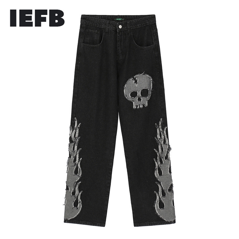 

IEFB High Street Fashion Skull Embroidery Splicing Straight Tube Wide Leg Pants Men's Hip Hop Loose Black Jeans Trousers 211108, Black 9y4990