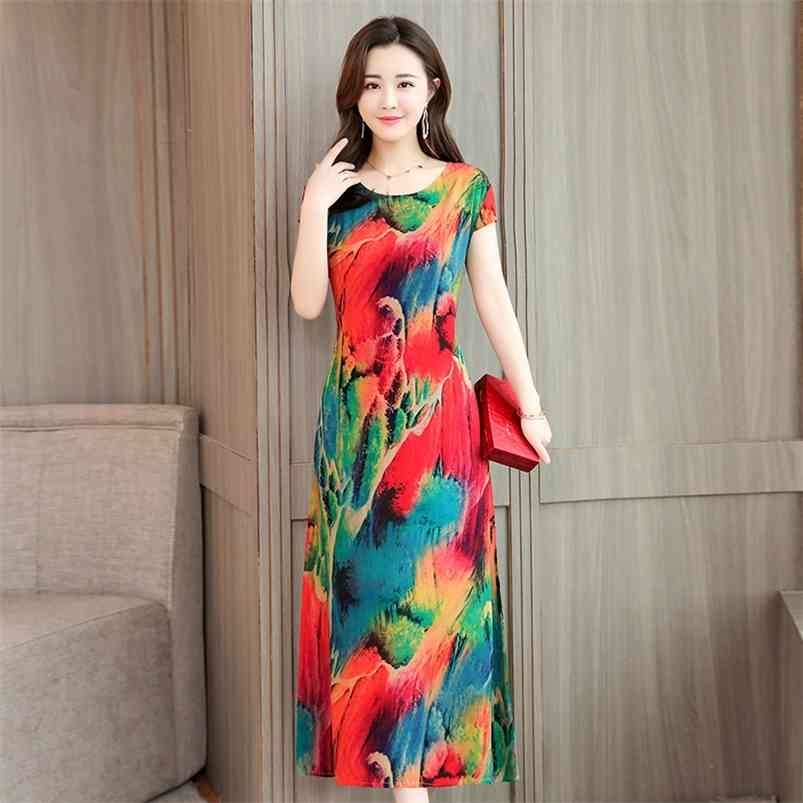 

Women Dress Vintage Floral Print Short Sleeve Casual Party Dresses Robe Femme Summer O-neck Straight Natural Mid-calf 210701, Color 33