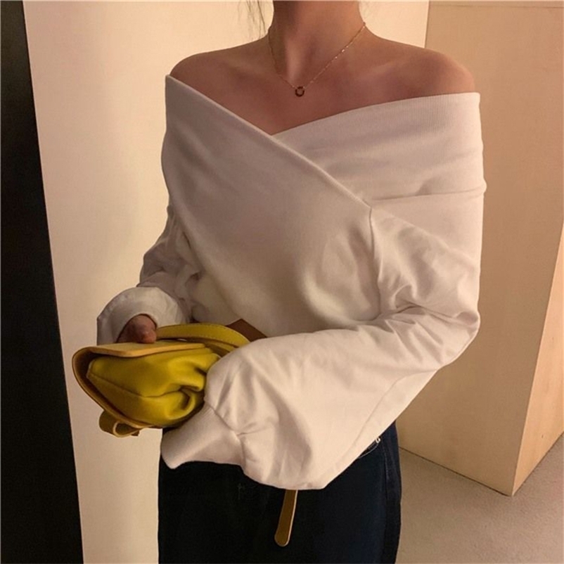 

Women Hoodies Elegant Slash Neck Solid Korean Streetwear Sexy Trendy Harajuku Ladies Casual Short Style All-match Ulzzang Chic 210517, Green