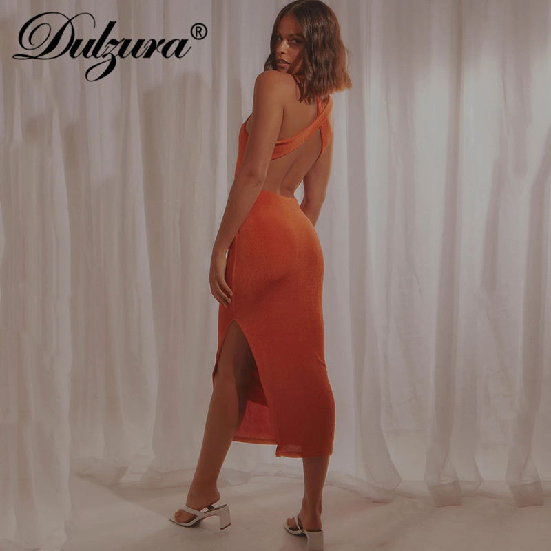 

2021 summer women sleeveless backless solid midi dress cross side slit bodycon streetwear party club elegant y2khigh quality, Black;gray