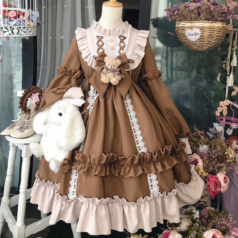 

2021Japanese Gothic Lolita Dress Women Kawaii Bow Bear Lace Blue Dress Long Sleeve Princess Dress Halloween Costume Gift For Girls