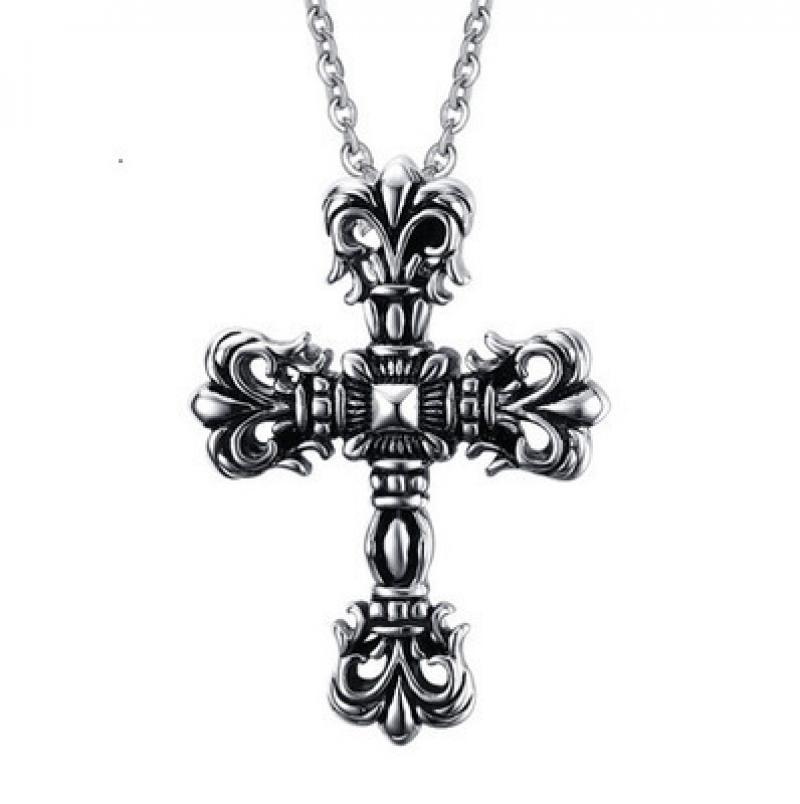 

Charms Men's Necklace Pendant European And American Punk Hip Hop Style Titanium Steel Flame Cross Trendsetter Jewelry, Bronze;silver