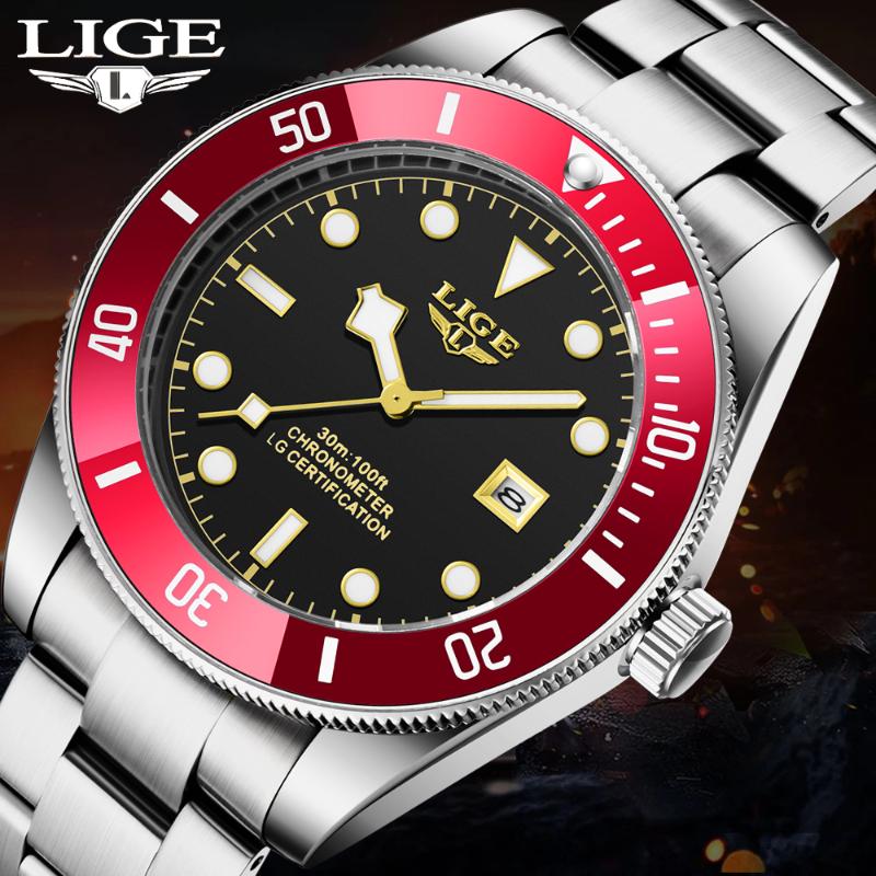 

Wristwatches 2021 LIGE Wrist Watch Top Mens Sports Quartz Watches Fashion 100M Waterproof Men Relogio Masculino+Box, Slivery;brown