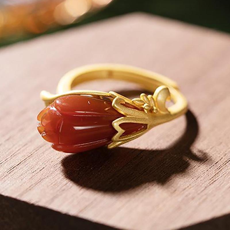 Cluster Rings Natural Kan Jade Original Silver Magnolia Orchid High Quality Retro Temperament Ms. Opening Adjustable Ring-image-711583046