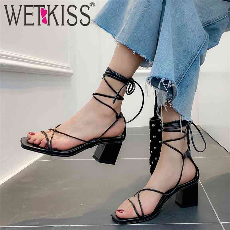 

WETKISS Gladiator Sandal Cross Strap Sandals Women Casual Shoe Female Square Toe Summer Thick Heels Med Ladies 210521, Black