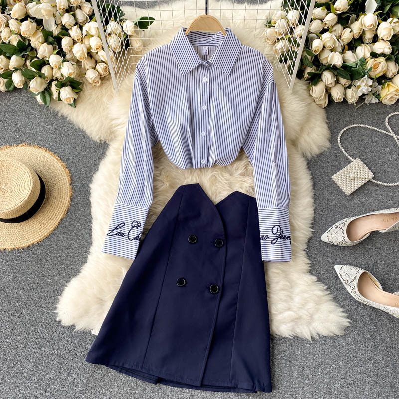 Two Piece Dress Women Office 2 Set Blue Striped Print Letters embroidery Long Sleeve Shirt + High Waist Double Breasted A-line Ski-image-700501932