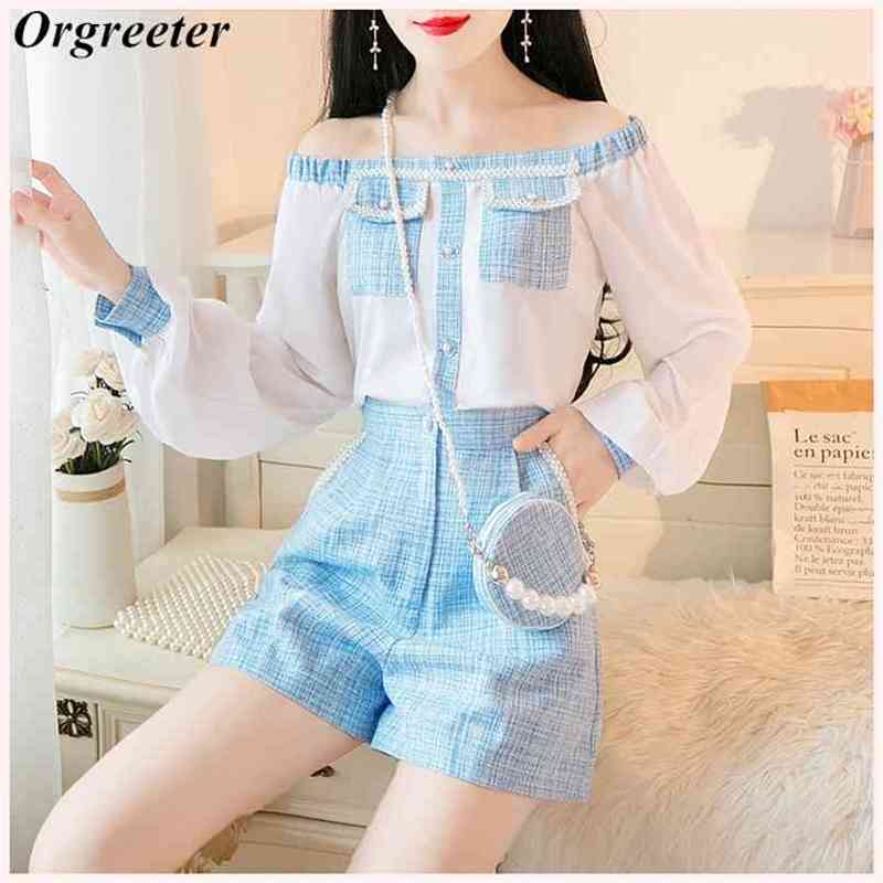 

Sweet Chiffon Tweed Patchwork 2 piece set Women Autumn Off shoulder Lantern Sleeve Blouse Tops + Shorts Suit With Free Satchel 210602, Beige