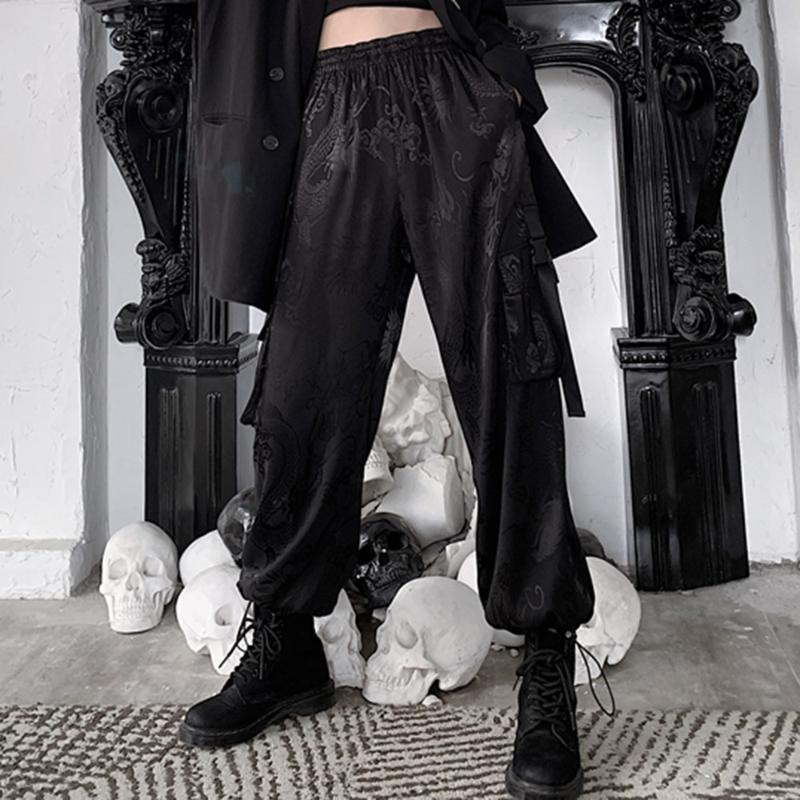 Calças femininas Capris Gothic Dragon Cargo impresso Mulheres harajuku bf estilo japonês de streetwear solto preto gótico calça casual outono 2022