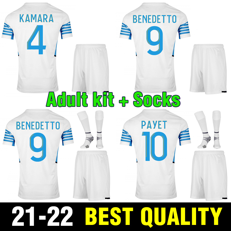 

21 22 Adult kit + Socks Marseille soccer jersey 2021 THAUVIN PAYET OM MILIK maillot Shirt BENEDETTO SANSON .GUSTAVO KAMARA Football Uniform