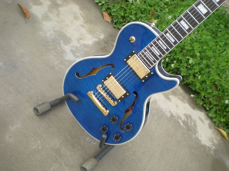 

Custom LP Electric Guitar Semi-Hollow Body Mahogany Maple Flame F Hole Gold Hardware Color Blue