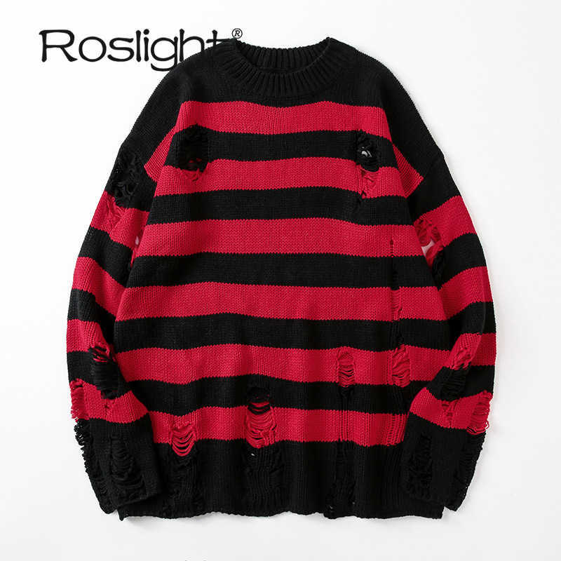 

Black Striped Sweater Ripped Sweater Men Pullover Hollow Out Hole Knit Jumpers Punk Unisex Loose Oversized Pullovers Streetwear Y0907, Deep green