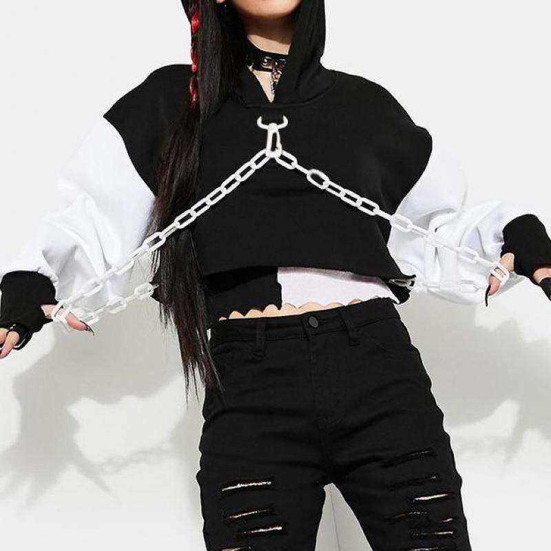 

Women's Hoodies & Sweatshirts Women Drop-shoulder Color Blocked Long Sleeve Metal Chain Cropped Top Gothic Girls Fall Techwear Oversized Hoo, Black