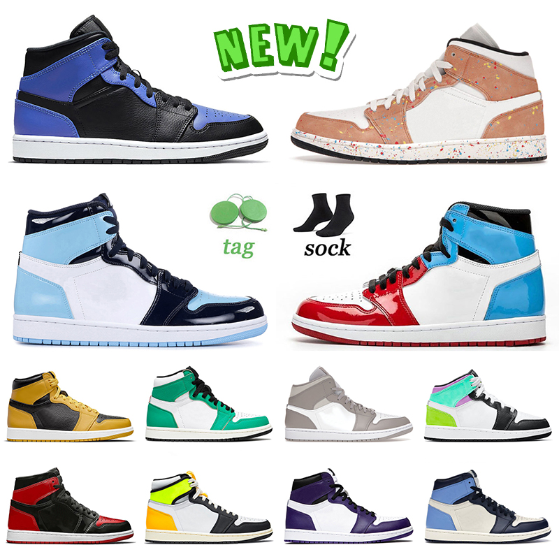 

New Top Quality Jumpman 1 1s Basketball Shoes For Mens Women UNC Fearless Mid Hyper Royal Brushstroke Lucky Green Obsidian Bred Patent Volt Gold Sneakers Big Size 12, C6 mid digital pink 36-45