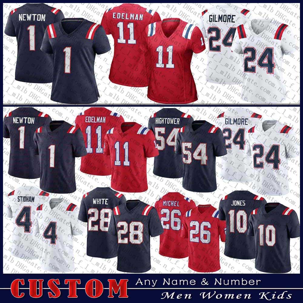 

1 Cam Newton 10 Mac Jones Football Jersey 86 Hunter Henry 99 Matt Judon 81 Jonnu Smith 24 Stephon Gilmore 37 Damien Harris Custom Men Women Kids New England Patriot, Shown