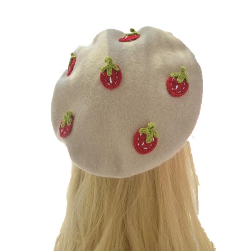 

Berets Handmade Kawaii Red Strawberry Beret Vintage Artist Painter Hat Women Wool Cap Warming Gift Fashion High Quality Wholesale, Blue;gray