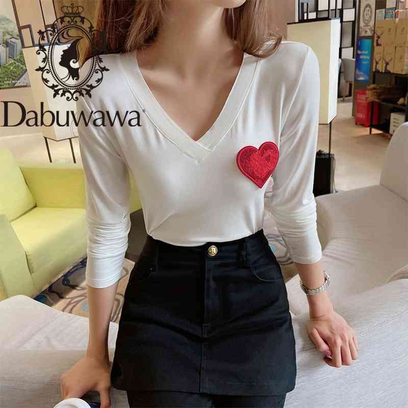 

Dabuwawa Appliques Heart Long Sleeve T Shirts Women V-Neck Solid Basic Tees Female Casual T-shirts Tops Ladies DT1CTS002 210520, White