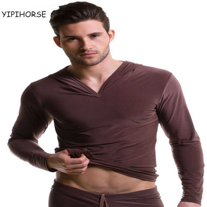 

Men's casual Pajamas male sleepwear Hooded silky tops Homewear Man Casual shirt clothing sleepwear viscose Pajamas High quality 211019, Brown