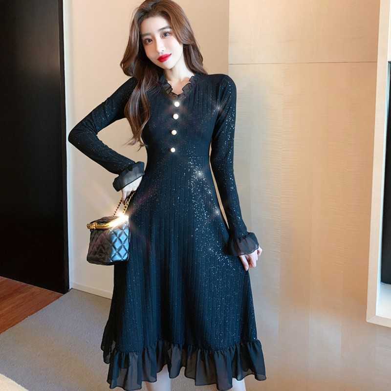 

Elegant Chiffon Ruffles knit Women Long Dress Spring Sexy V-Neck Casual Slim Party Female Vestidos Femme 210526, Black