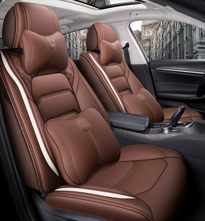 

Car Accessory Seat Cover For Sedan SUV Durable High Quality Leather Universal Five Seats Set Cushion Including Front and Rear Covers Full Covered Coffee Design one