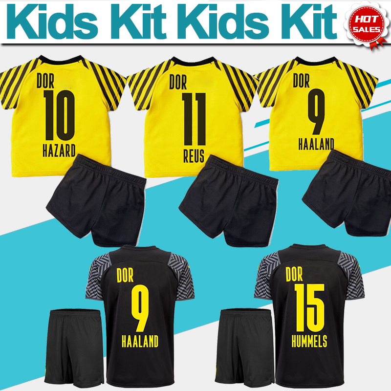 

Kids Kit HAALAND Soccer Jersey 2021 2022 Home Yellow REUS HAZARD BRANDT Child Soccer Shirt Away Black Boys Football Suit On sale, Black;yellow