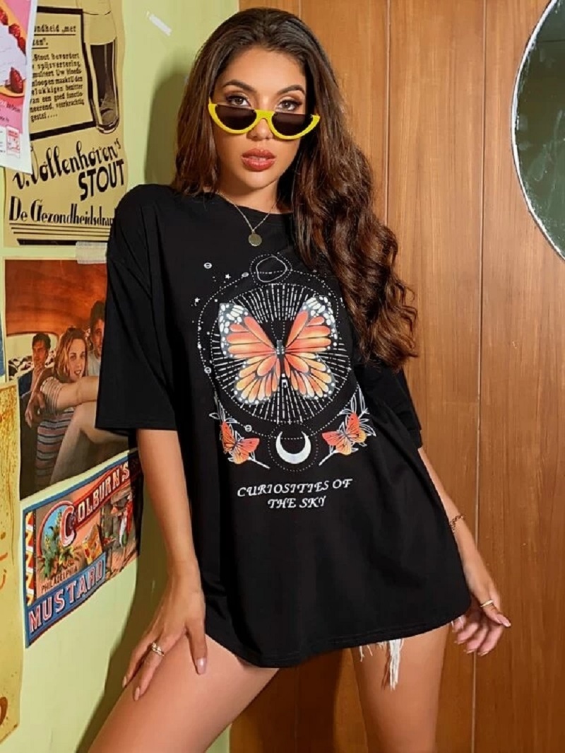 

Curiosities Of The Sky Butterfly Graphic Tee Summer Fashion Harajuku Hipster Cotton Cool Grunge Women Clothing Tee T-Shirt 210518, Black