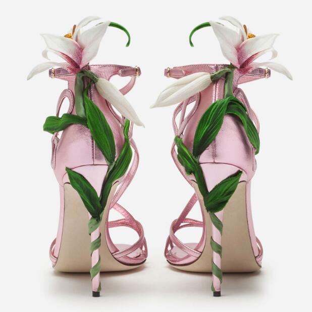 

Dress Shoes Arrivals Lily-Embellished Metallic Leather Sandals Pink Green Flower Leaves Heels Ankle Cross Strap Stiletto Wedding, As picture