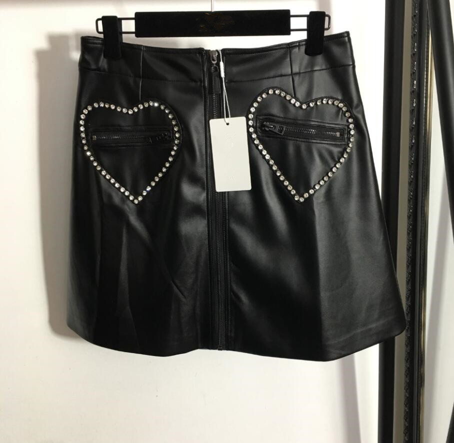

Ladies Nail Diamond Love Heart Zipper Pocket High Waist A-line PU Half Skirt Leather Skirt 1123, Customize