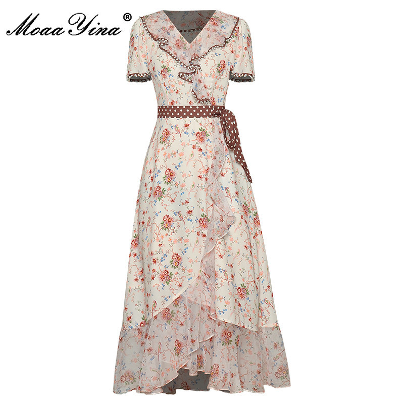 

Fashion Designer dress Summer Women's Lace up Dress Short sleeve V Neck Ruffles Pearls Floral-Print Dresses 210524, Multi