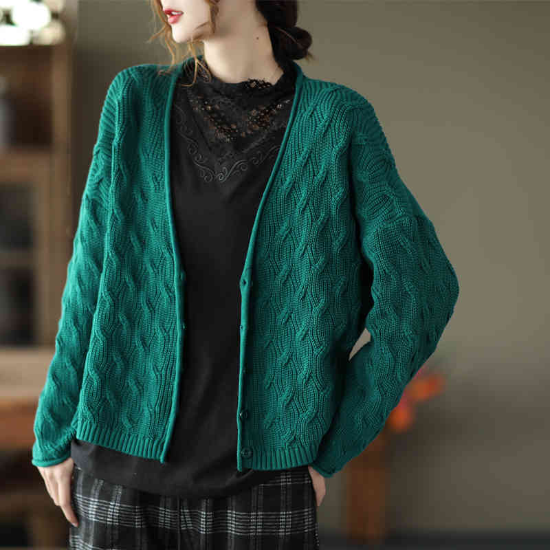 

Johnature Women Vintage V-Neck Sweaters Cardigan Button Autumn Long Sleeve Solid Color Female Knitted Cotton Sweaters 210521, Green