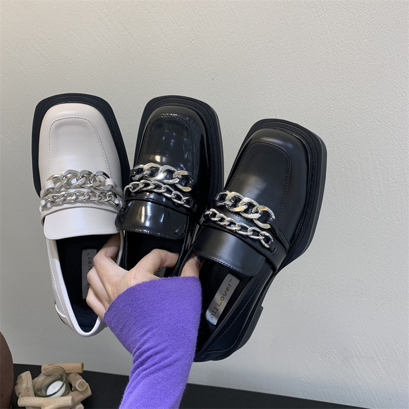 

sandals metal chains chunky heel platform loafers shoes women square toe patent leather high heels pumps m7q1, Black