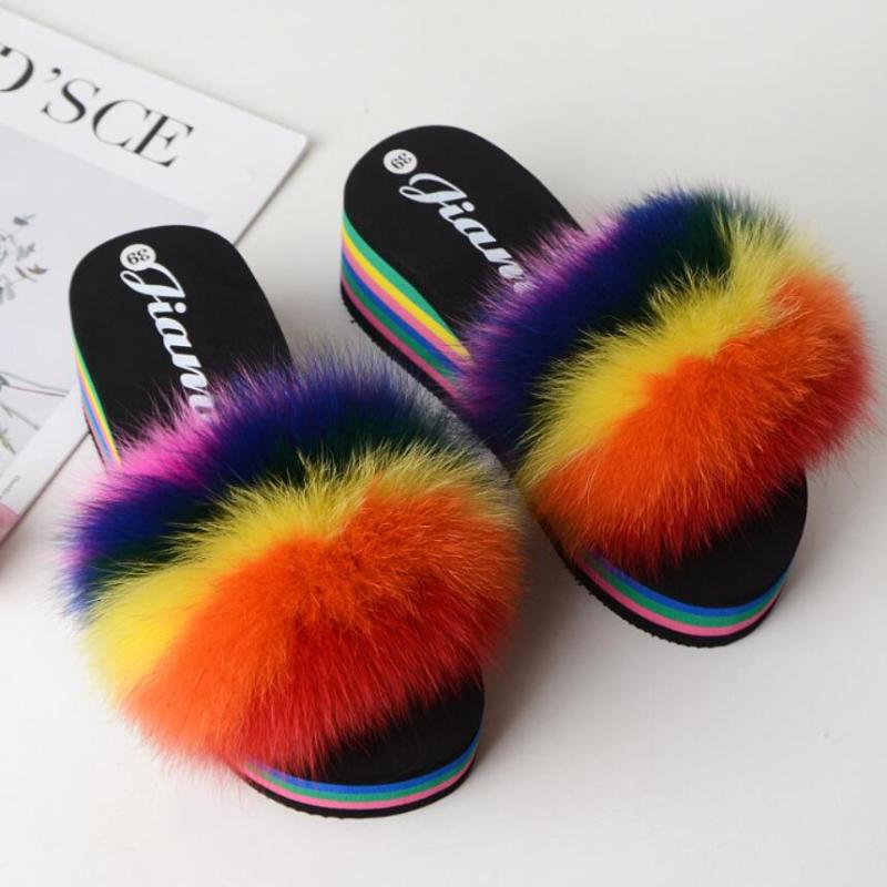 

Slippers Riband High Platform Fur Women Open Toe Candy Color Furry Wedges Female Hairy Winter Mules Slides Comfy Flipflopsy1, Black