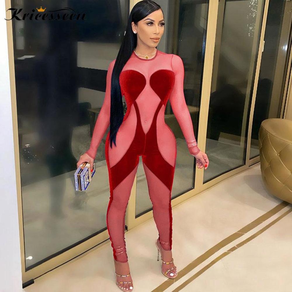 

Kricesseen Sexy Red Velvet Mesh Patchwork Skinny Jumpsuit Women Long Sleeve See Through Bodycon Party Clubwear One Pieces Romper, Black;white