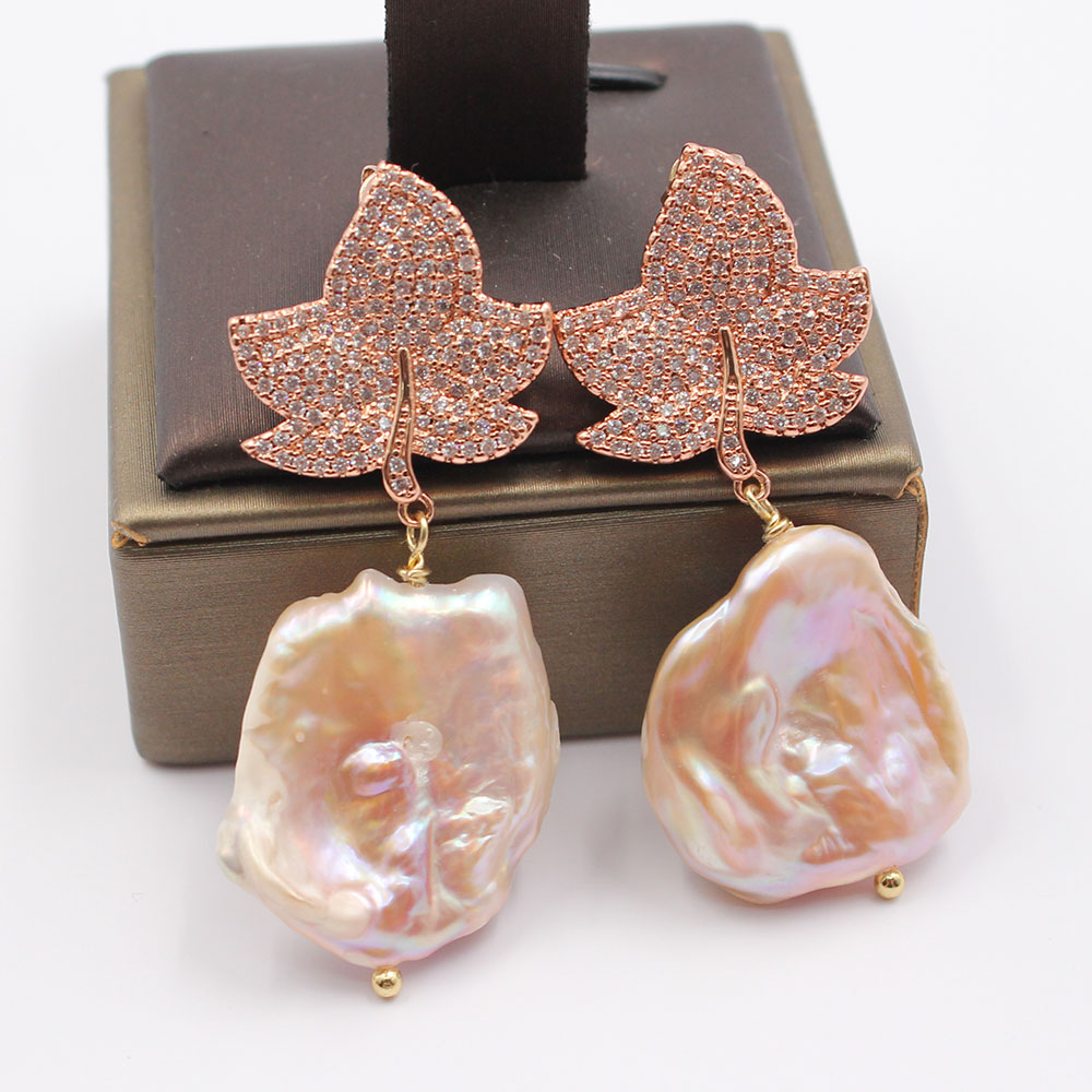 

GuaiGuai Jewelry Natural Lavender Keshi Pearl CZ Paved Rose Gold Flower Stud Earrings CZ Fitting Handmade For Women