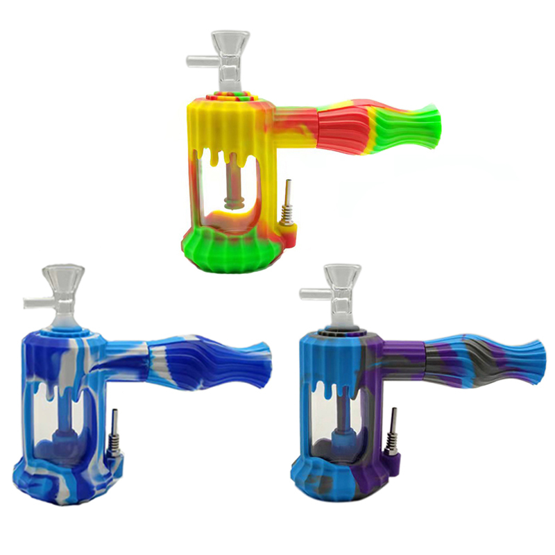 

Small Mixed color Silicone water pipe glass bong with 14mm glass bowl + 10mm Titanium nails
