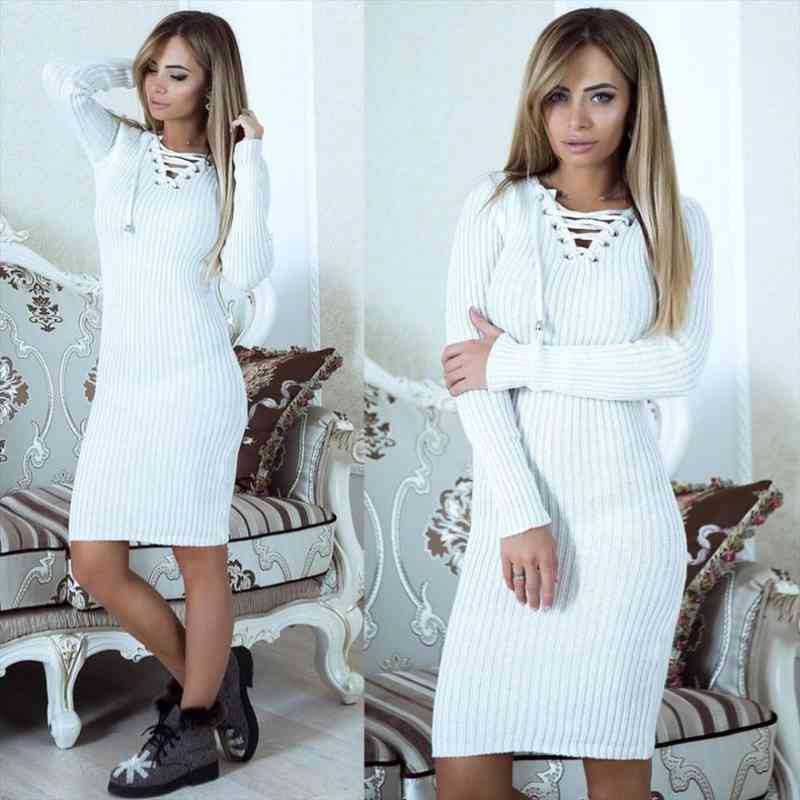 

Autumn Winter Sweater V Neck Womens Dress Long Sleeve Knit Bodycon Female Warm Party Dresses Ladies Clothing Femme Vestdiaos, Black;gray