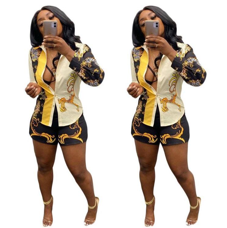 

K7011 European and American women's Tracksuits 2021 casual wealthy printed shirt + shorts two-piece suit, Multi