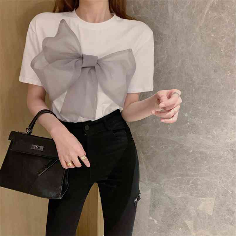 

Summer Fashion Tops White Round Neck Splicing Bow Short Sleeve Loose Personality Women T-shirt 210708