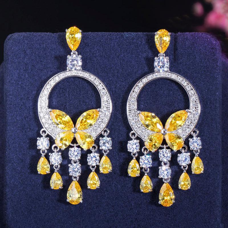 

Dangle & Chandelier ThreeGraces Luxury Yellow Cubic Zirconia Crystal Big Long Tassel Earrings For Women Wedding Party Jewelry Gift ER309, Silver