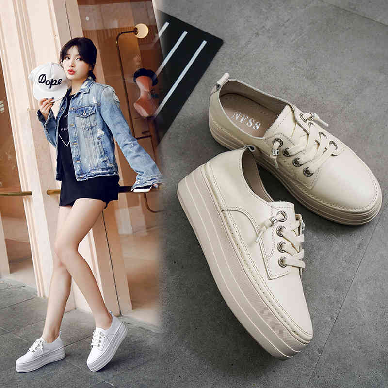 

Slippers Thick leather shoes with little white for woman lacing sneakers breathable summer versatile celebrity web f AERY, 1# shoe box