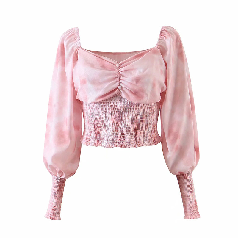

Summer Women French Retro Temperament Sweet Sexy Tie-dye Folds Elastic Puff Sleeve Female Short Shirt 210520, Sky blue