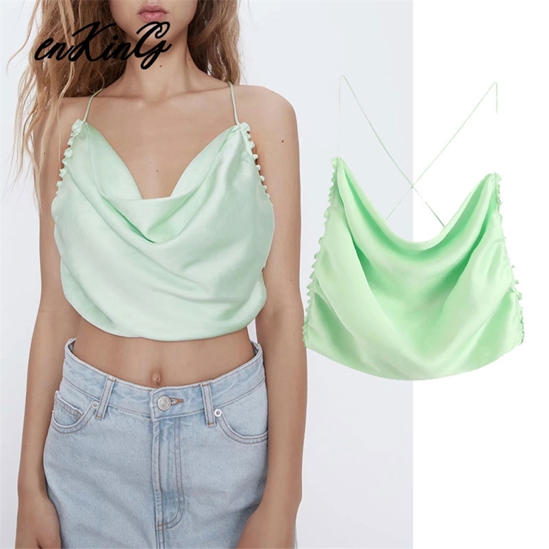

england high street sexy short spaghetti satin summer blouse women za blusas mujer de moda shirt s tops 210628, Green