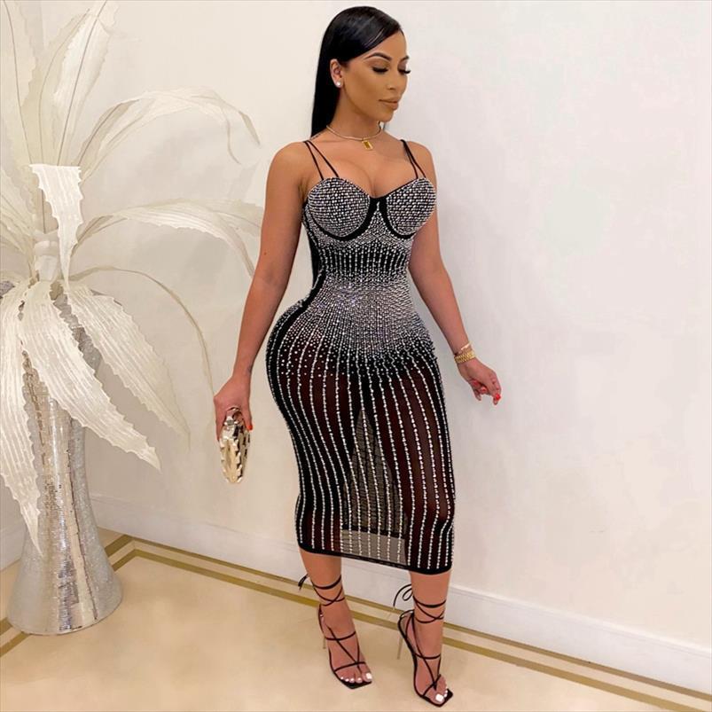 

rhinestone bodycon party elegant sheer womens dress mesh see through transparent midi club birthday dresses, Black;gray