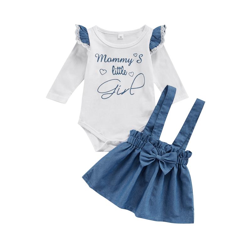 

Clothing Sets 0-24M Infant Baby Girls 2pcs Clothes Lace Sleeve Letter Printed Romper Tops+Bow Suspender Skirt, White