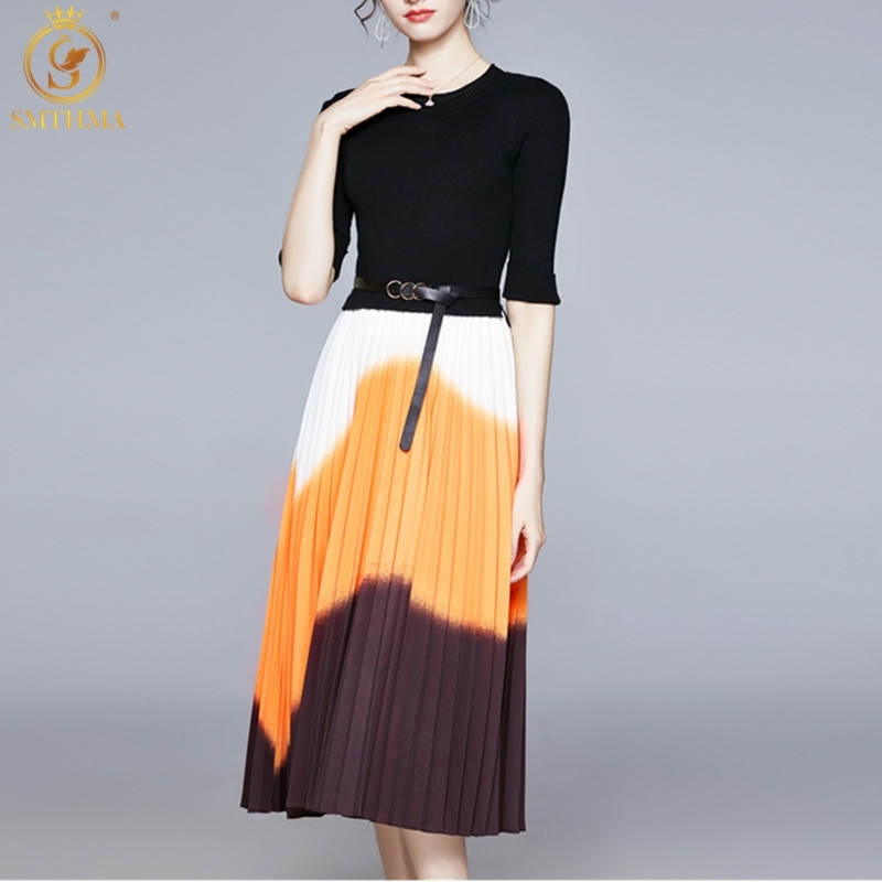 

Fashion Designer Runway Summer Dress Women's Sashes Knitting Half Sleeve Patchwork Pleated Dresses Vestidos 210520, Photo color