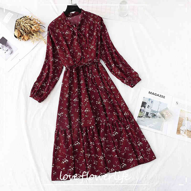 

Spring Vintage Printed Dress Women Long Sleeve Bow Casual Chiffon Dresses High Waist Floral A-line Long Dress Female Vestidos 210521, Burgundy