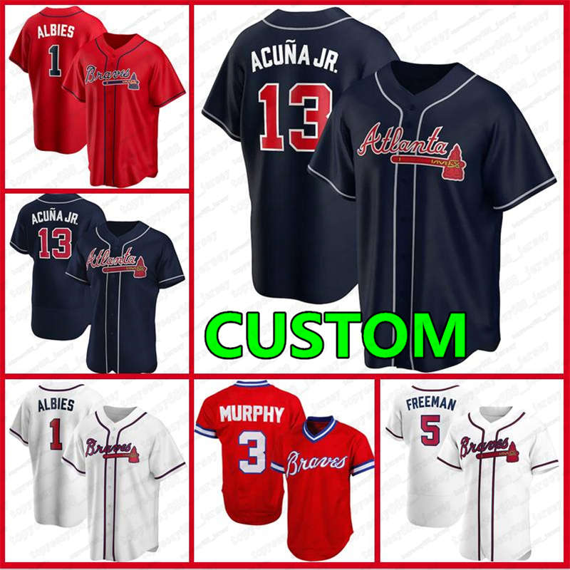 

Atlanta 20 Marcell Ozuna Jersey Custom 5 Freddie Freeman Brave Dansby Swanson 13 Ronald Acuna Jr. 1 Ozzie Albies Mike Soroka Baseball Jersey, Blue;black
