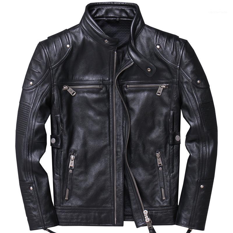 

Men's Leather & Faux Seveyfan Genuine Cowhide Motorcycle Biker Jacket Men Fashion Zippers Pleated Real Male R3093, Black