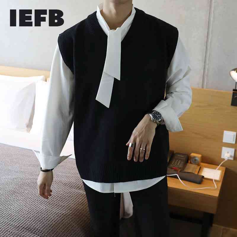 

IEFB Men's Wear Korean Fashion V-neck Sleeveless Knitted Vest Sweater Trend Loose Sleeveless Waistcoat For Men 9Y5739 210524, Beige khaki