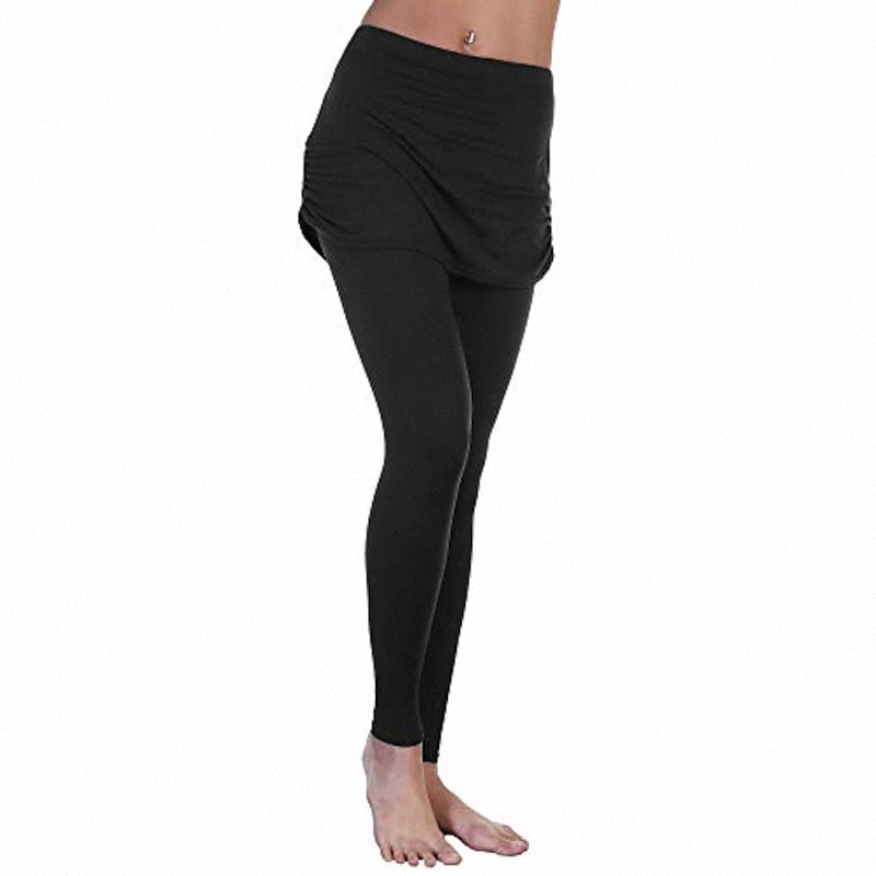 women's high waist leggings with attached ruched side mini skirt, cotton-blend shirred sides skirted buttery soft leggings black navy blue g-image-754681584
